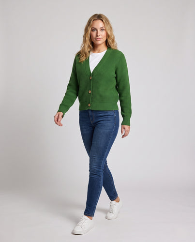 Damen Kurzcardigan im Waffelstrick mit tiefem V-Ausschnitt und Ein-Knopf-Verschluss Nord Taschen
