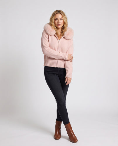 Damen Kurze Wollstrickjacke mit Reißverschluss und abnehmbarem Fellbesatz an der Kapuze Nord Taschen