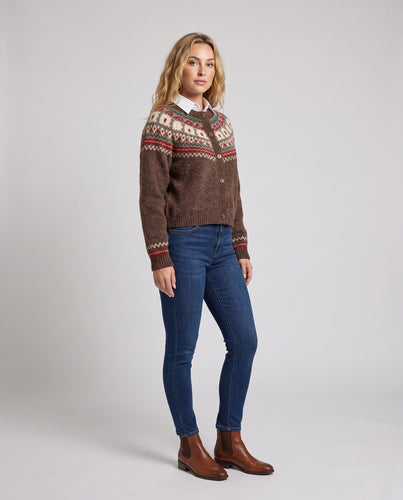 Damen Kurzgeschnittener Fair Isle Strickcardigan mit Rundhalsausschnitt und Holzknopfleiste Nord Taschen