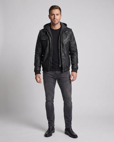 Herren lässige Kunstlederjacke mit Kapuze Nord Taschen