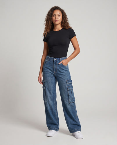 Damen Bequeme Cargo-Jeans Nord Taschen