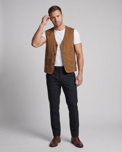 Herren Ärmellose Denim-Utility-Weste mit Karofutter V-Ausschnitt und großformatigen Fronttaschen Nord Taschen