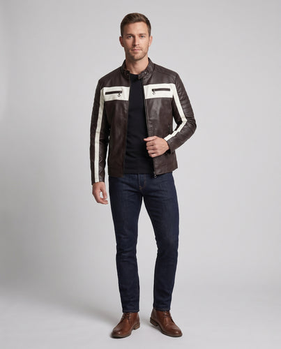 Herren Biker-Lederjacke im Racing-Style mit Stehkragen und Kontraststreifen Nord Taschen