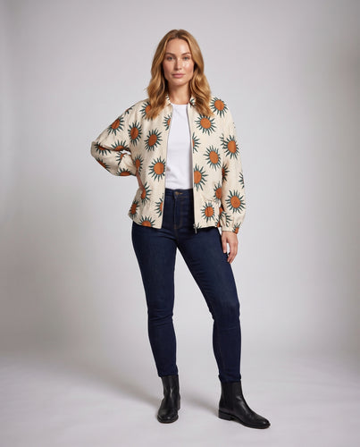 Damen Bedruckte Zip-Front Jacke im Retro-Sun-Print mit Hemdkragen Nord Taschen