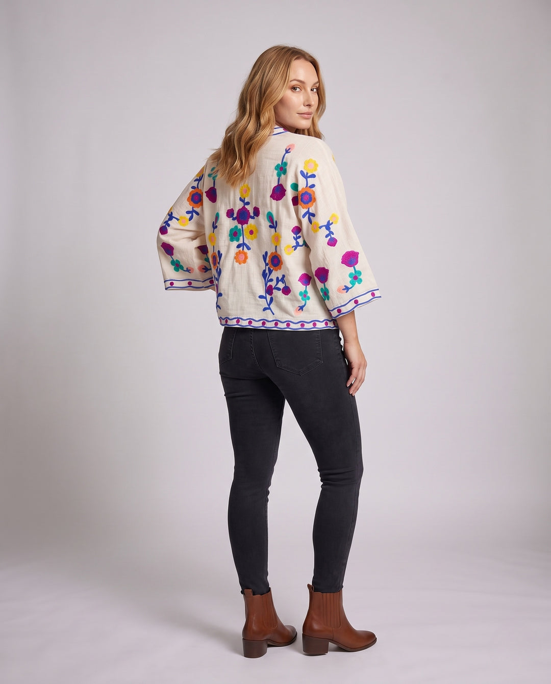 Damen Besticktes Leinen-Kimono mit floraler Stickerei und Kordelzug Nord Taschen