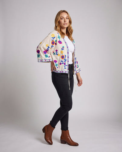Damen Besticktes Leinen-Kimono mit floraler Stickerei und Kordelzug Nord Taschen