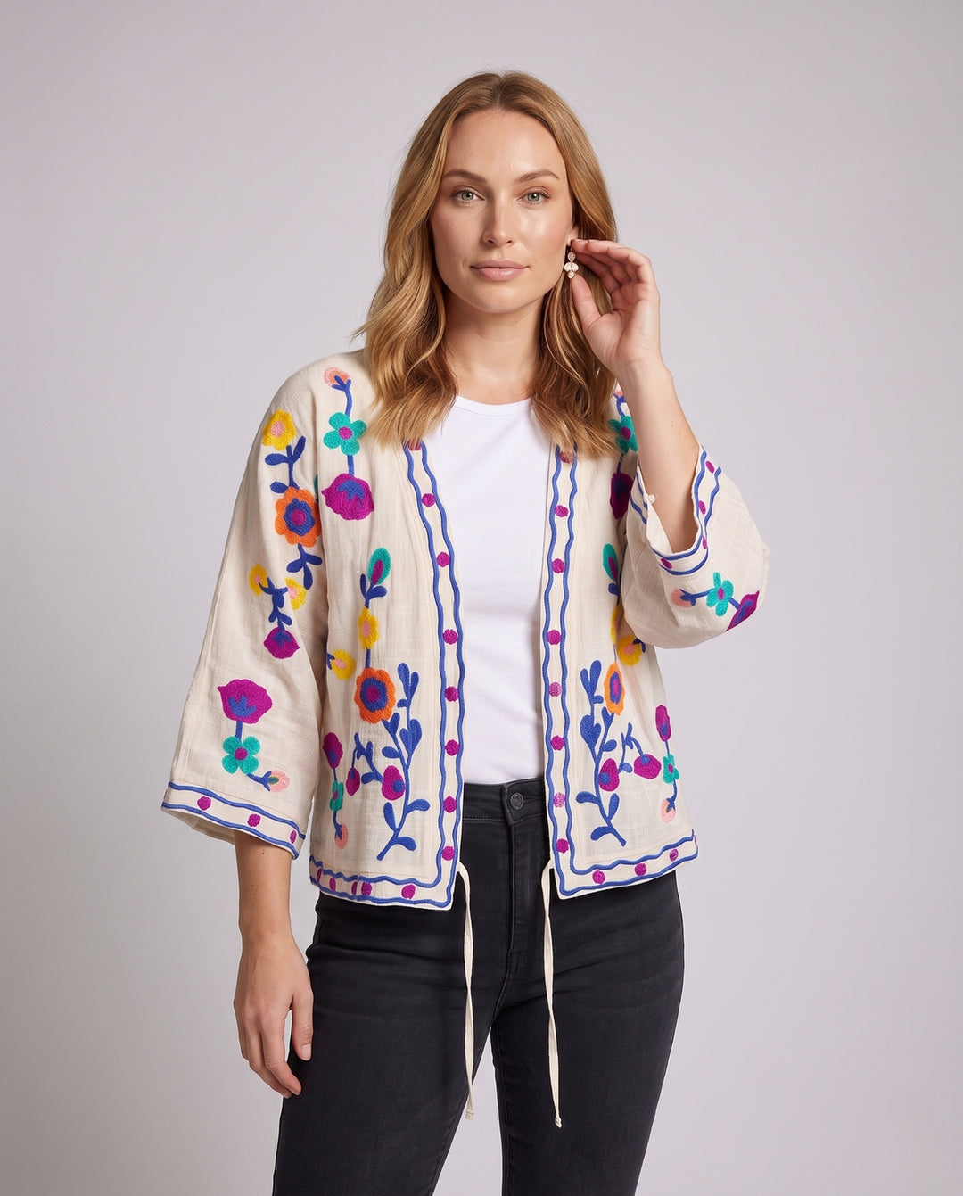 Damen Besticktes Leinen-Kimono mit floraler Stickerei und Kordelzug Nord Taschen