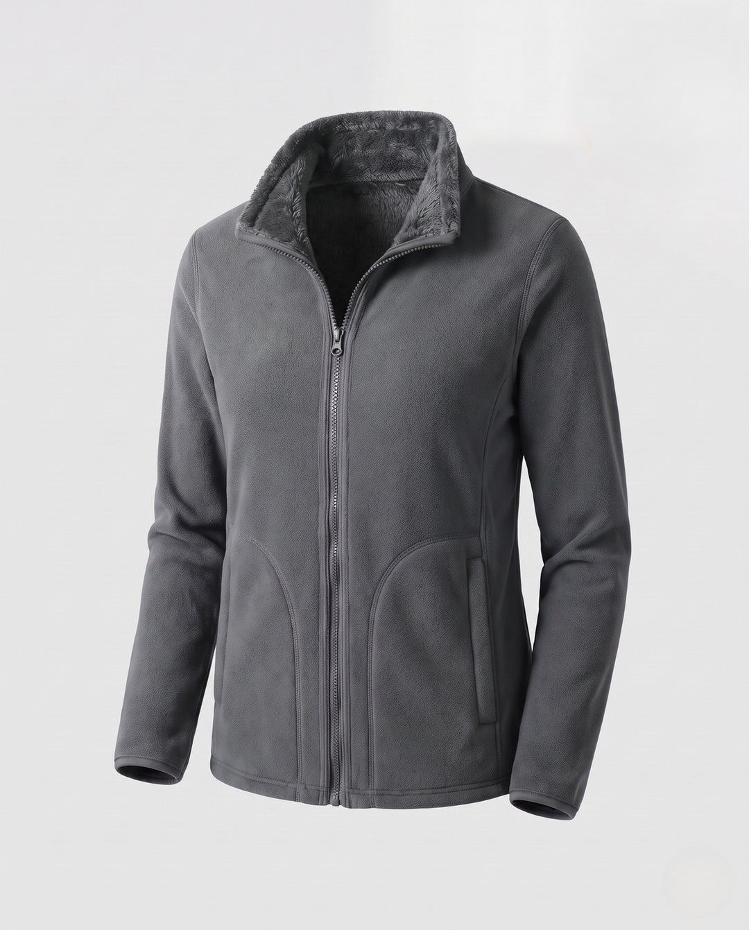 Damen Flauschige Fleecejacke mit Teddyfutter, Stehkragen und Reißverschluss Nord Taschen