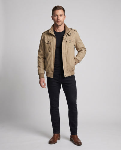 Herren Canvas-Bomberblouson im Militärstil mit hohem Stehkragen, Schulterpatten und Multi-Taschen Nord Taschen