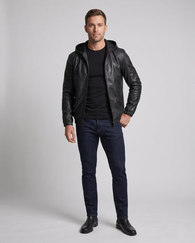 Herren Kunstleder-Hoodiejacke mit Kapuzenlayer, verdecktem Reißverschluss und thermischer Innenlage Nord Taschen