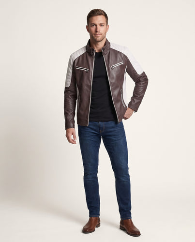 Herren Kunstleder-Motojacke mit Teddyfleece-Innenfutter, Stehkragen mit Schnalle und kontrastierenden Schulterpaneelen Nord Taschen