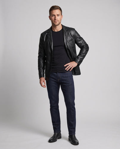 Herren Slim-Fit Kunstleder-Sakko im Blazerstil mit taillierter Passform und aufgesetzten Pattentaschen Nord Taschen