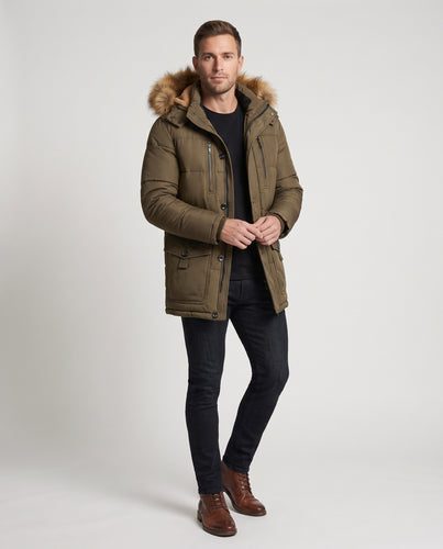 Herren Thermoisolierter Parka mit Teddyfleece‑Innenfutter, abnehmbarer Kunstfellkapuze und Multifunktions‑Taschen Nord Taschen