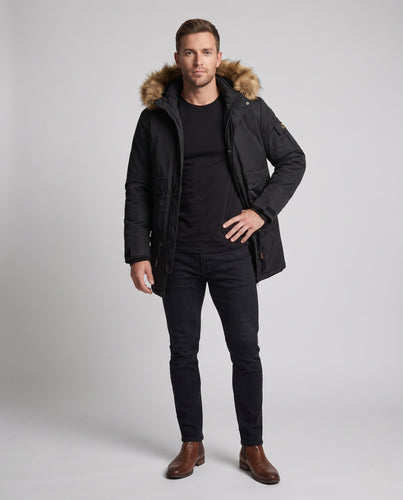 Herren Wasserabweisender Langparka mit abnehmbarer Kunstfellkapuze, Teddyfleece-Innenfutter und Utility-Taschen Nord Taschen