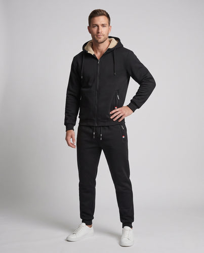 Herren Komfort-Trackset mit Teddyfutter, Kapuzen-Zipjacke und konisch geschnittener Jogginghose Nord Taschen