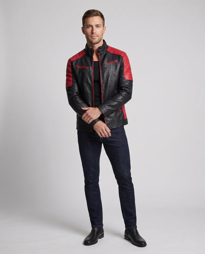 Herren schlanker Kunstleder-Moto-Blouson im Racer-Look mit gesteppter Schulterpartie, Stehkragen und Reißverschluss-Taschen Nord Taschen