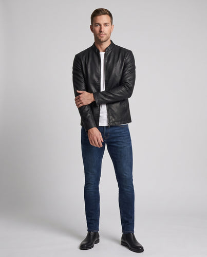 Herren schlanker Kunstleder-Moto-Blouson mit Stehkragen, Reißverschlussärmeln und verdeckten Taschen Nord Taschen