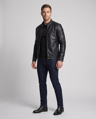 Herren schlanker Lederoptik-Moto-Blouson mit Stehkragen und verdecktem Reißverschluss Nord Taschen
