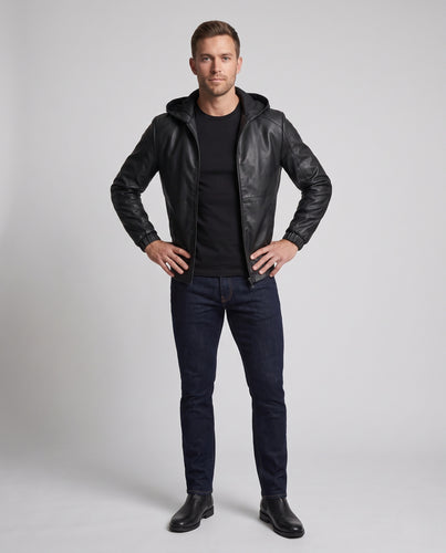 Herren Slim-Fit Kunstleder-Kapuzenjacke mit durchgehendem Reißverschluss und minimalistischer Linienführung Nord Taschen