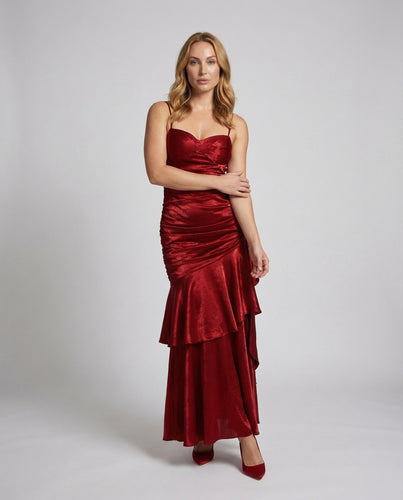 Damen Samt Abendkleid mit Volantrock