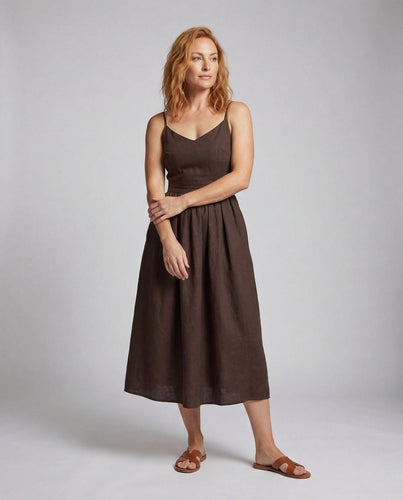 Damen Leinenoptik Midikleid mit Tellerrock