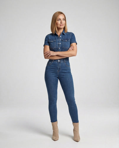 Damen Kurzarm Denim Jumpsuit - Vittorelli