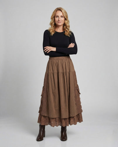 Damen Boho Lagenrock mit Spitze