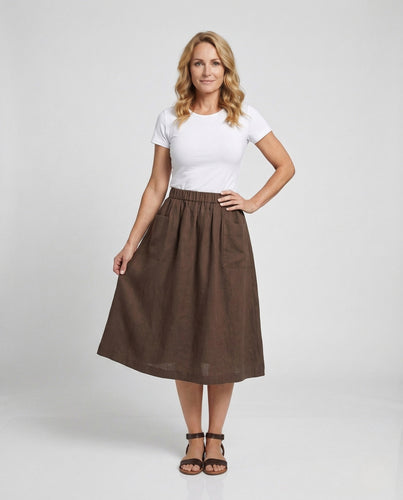 Damen Leinen Midirock mit Taschen