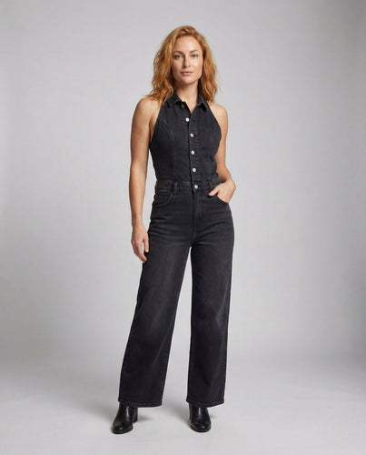 Damen Halter Jeans Overall Tailliert mit Weitem Bein