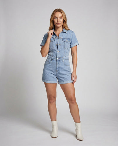 Damen Jeans Kurzoverall Tailliert mit Reverskragen