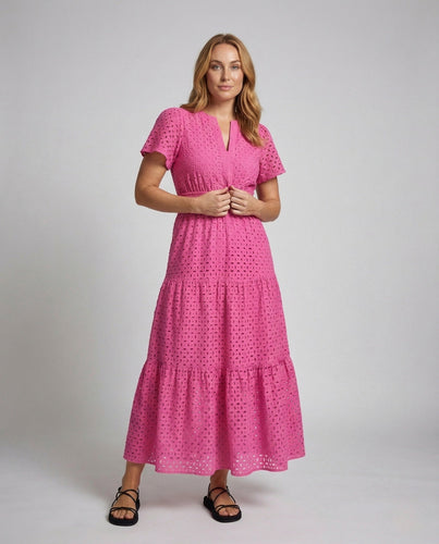 Damen Maxikleid Lochstickerei Kurzarm Stufenrock - Arvani