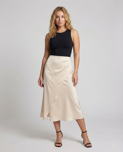 Damen Wickelrock Midi Crepe Asymmetrischer Saum