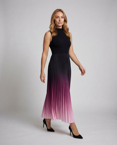 Damen Plissee Maxikleid Ärmellos Stehkragen