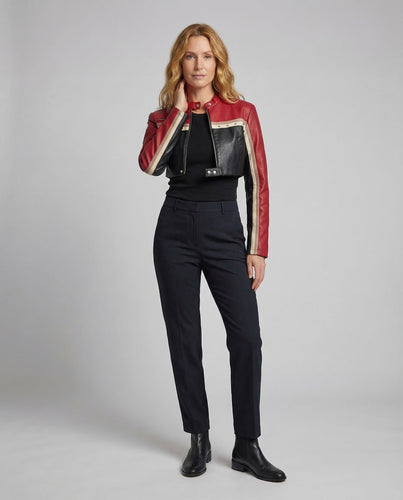 Damen Kunstleder Bikerjacke Kurz Stehkragen