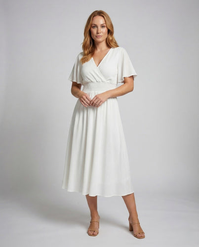 Damen Maxikleid Wickeloptik Smokbund Flügelärmel