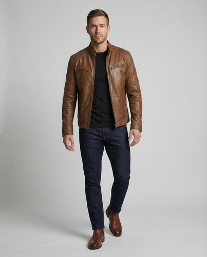 Herren Leder Bikerjacke Stehkragen