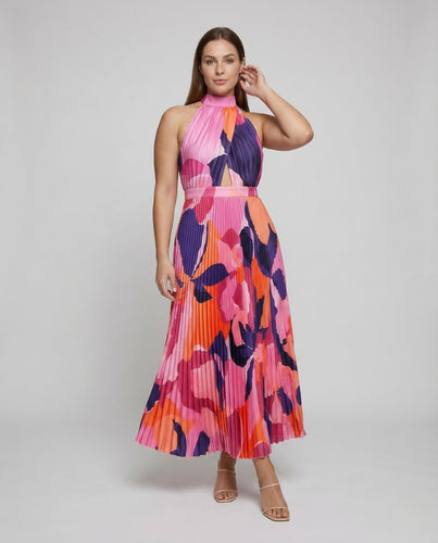 Damen Plissee Maxikleid Stehkragen