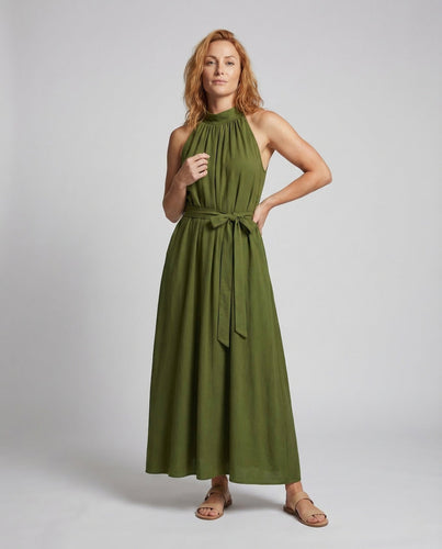 Damen Maxikleid Stehkragen Leinenoptik