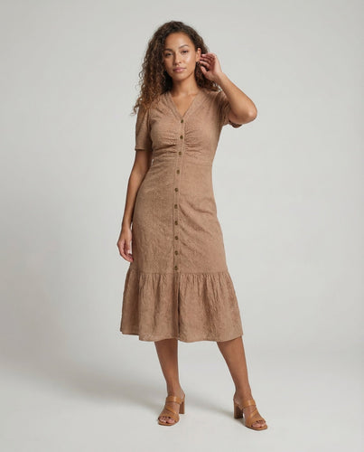 Damen Midikleid Lochstickerei Knopfleiste