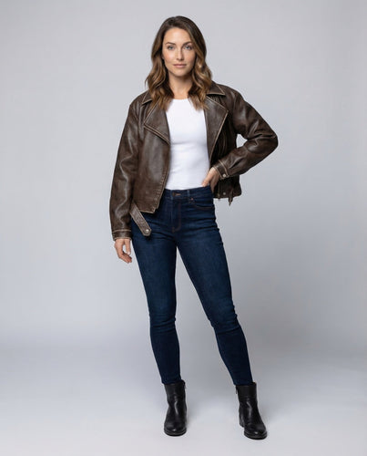 Damen Bikerjacke Lederoptik Weit Avellé