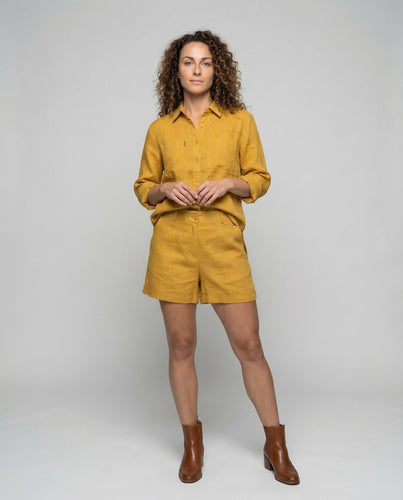 Damen Leinen-Ensemble Hochtaillierte Shorts