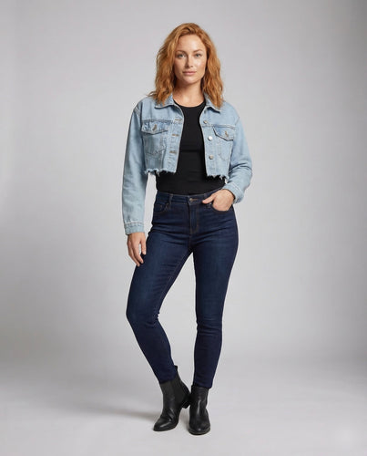 Damen Kurze Jeansjacke Roher Saum