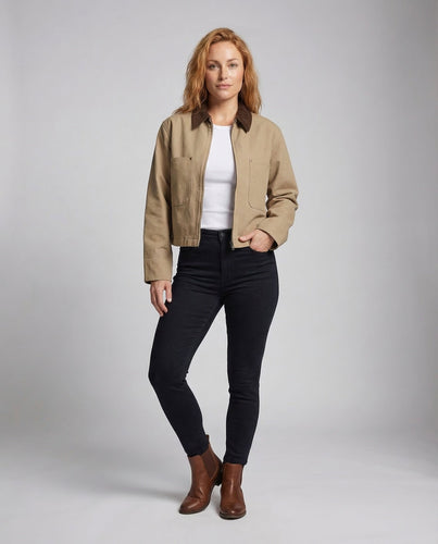 Damen Jeansblouson Cordkragen Worker-Stil