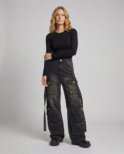 Damen Baggy Jeans-Arbeitshose Seitengurte Avellé