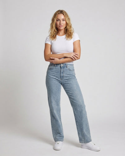 Damen Gerade Jeans Strassbesatz