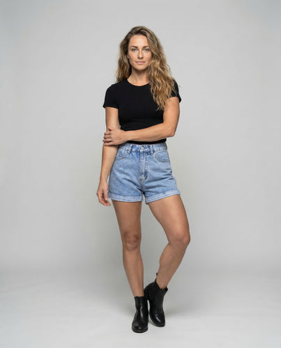 Damen Jeansshorts Umschlagsaum Hoher Bund