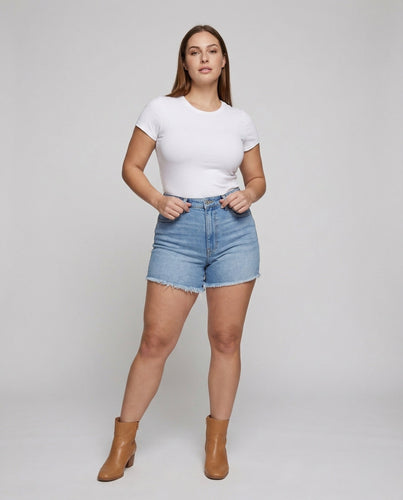 Damen Taillenformende Jeansshorts Ausgefranster Saum