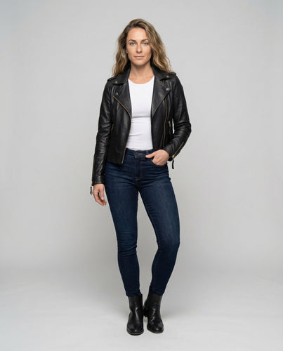 Damen Bikerjacke Lederoptik Zip-Taschen