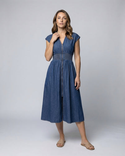 Damen Chambray-Midikleid Durchgehender Frontreißverschluss - Vittorelli