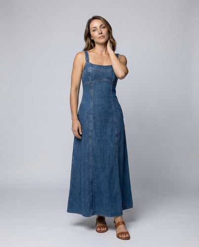 Damen Jeans-Kleid Karrée-Ausschnitt Nahtpaneele